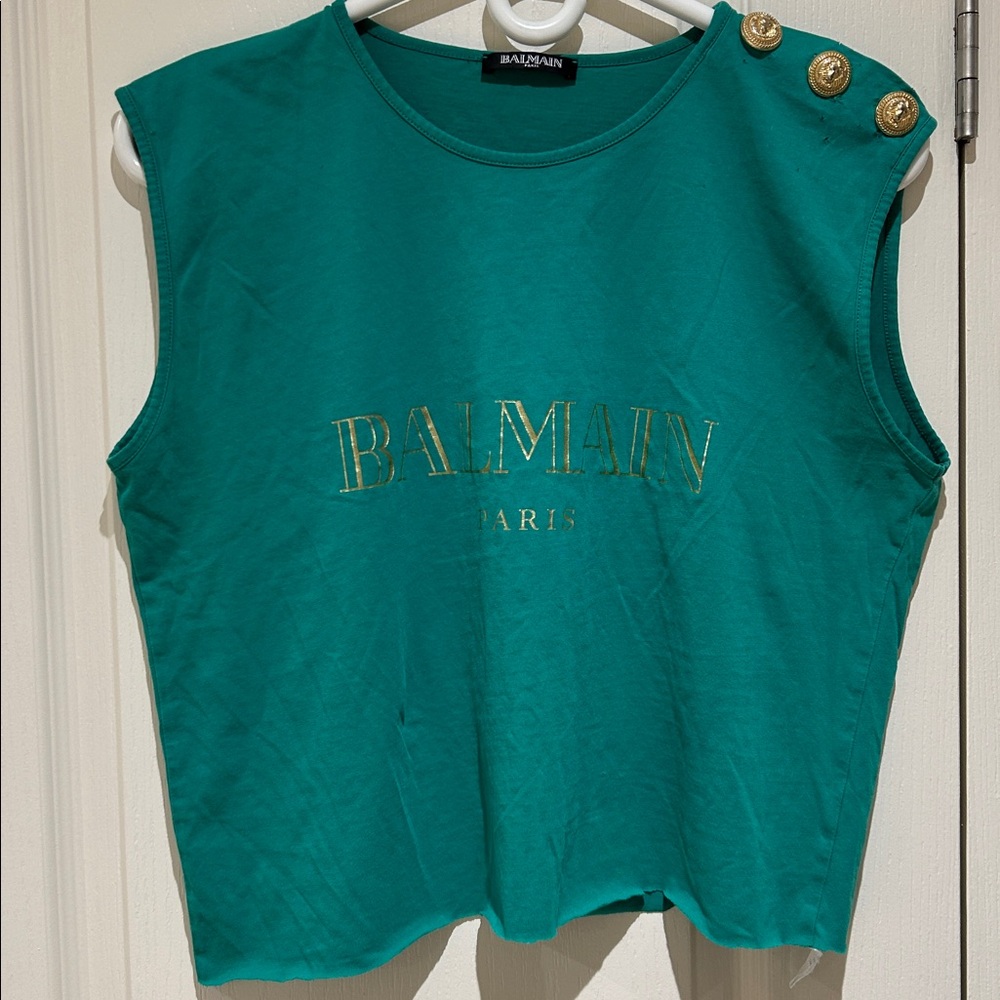 Balmain Sleeveless Top with Gold Logo and 3 shoulder buttons AUTHENTIC